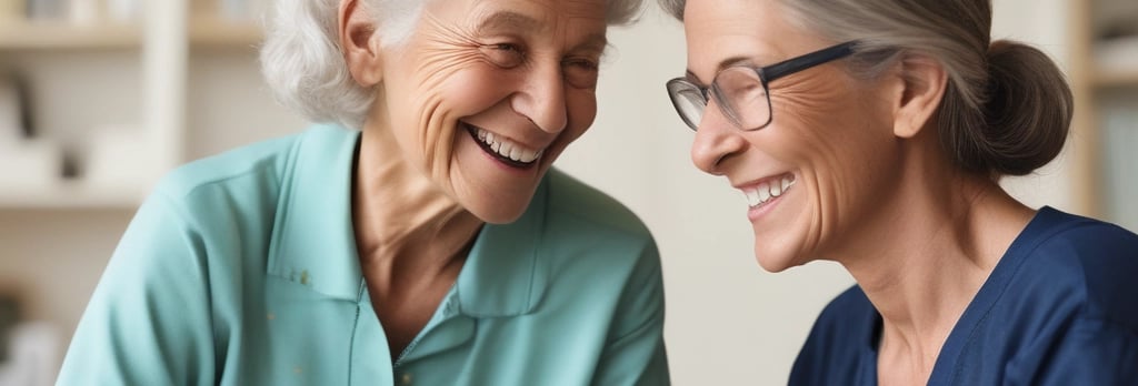 A warm caregiver gently assisting a smiling senior in a cozy, sunlit living room with soft clouds visible through the window.
