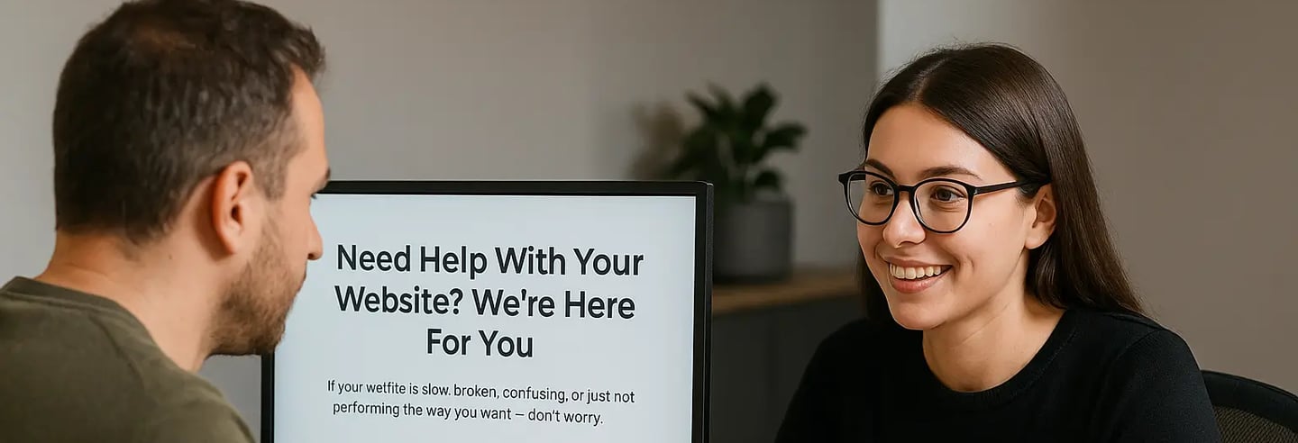 Person receiving website help and support in a modern office meeting