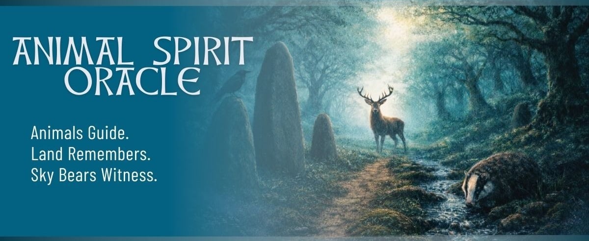 Homepage banner showing a stag standing on an ancient forest path beside standing stones, with a bad