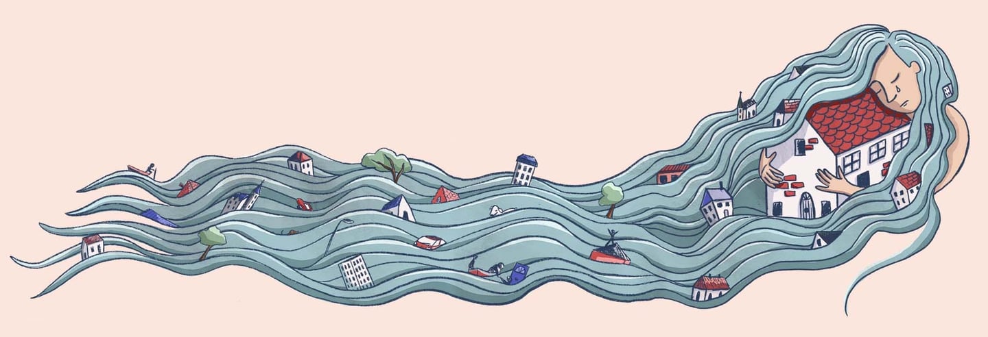 a woman with long hair and a house in the middle of a wave