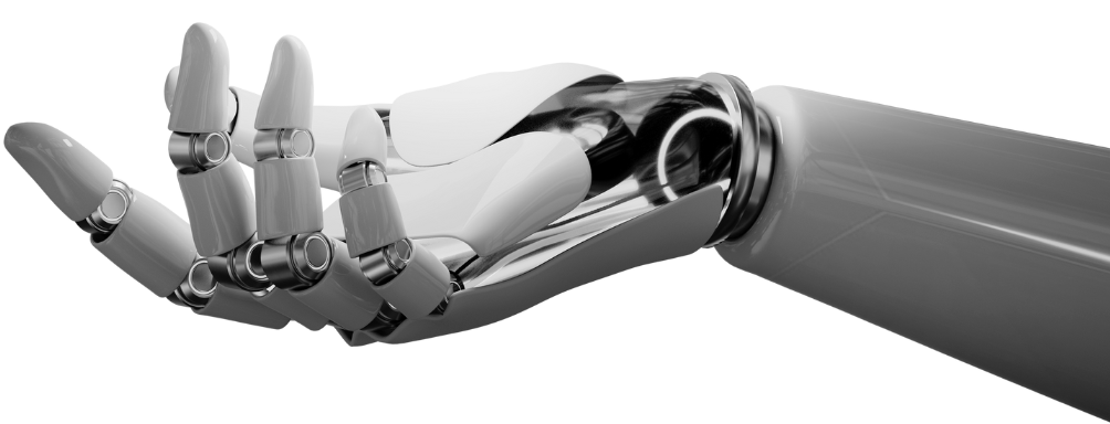 Mão de robõ aberta, apresentando painel com título do treinamento IAs para redes sociais.