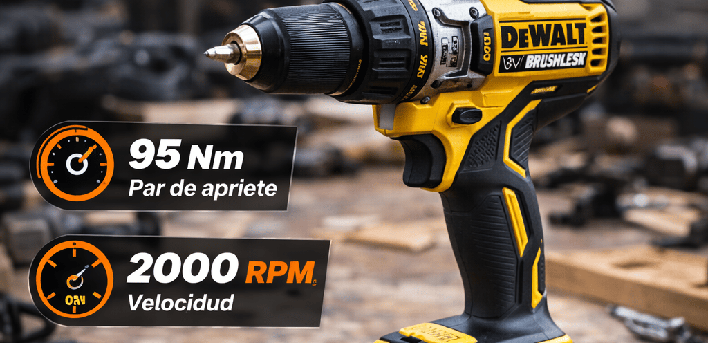 DeWalt DCD996 18V XR brushless cordless hammer drill on a workbench with technical specifications shown.