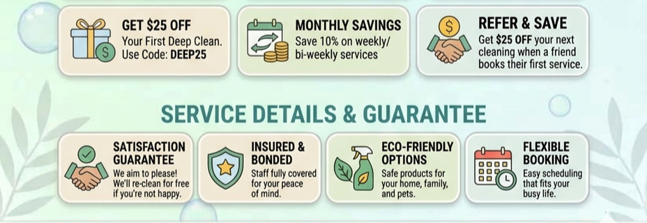 Deep cleaning service discounts and guarantees including eco-friendly options and insured staff.