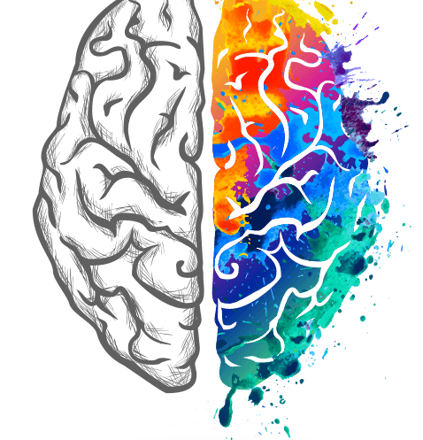 a brain with a colorfull right hemisphere and a black and white left hemisphere