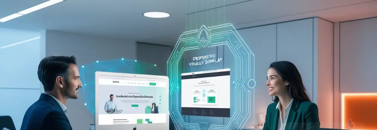 Un hombre y una mujer en un ambiente de oficina moderna analizan diseños web interactivos proyectados en hologramas.