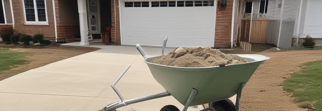 A friendly contractor shaking hands with a homeowner beside a freshly poured concrete driveway.