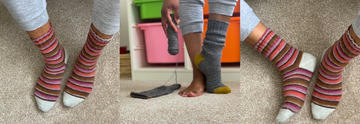 a woman in striped hand knitted wool socks