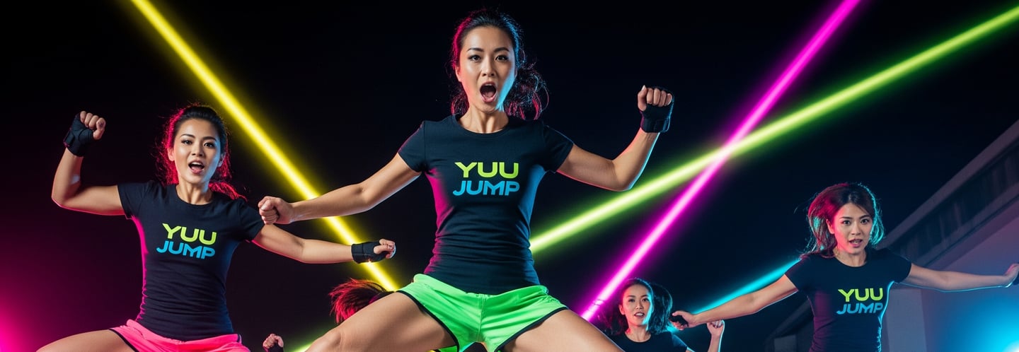 a group of asian women in neon - lite up to their kangoo jumps
