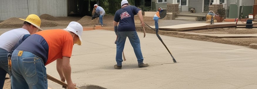 A friendly contractor smiling while discussing a concrete driveway plan with a homeowner in a cozy front yard.