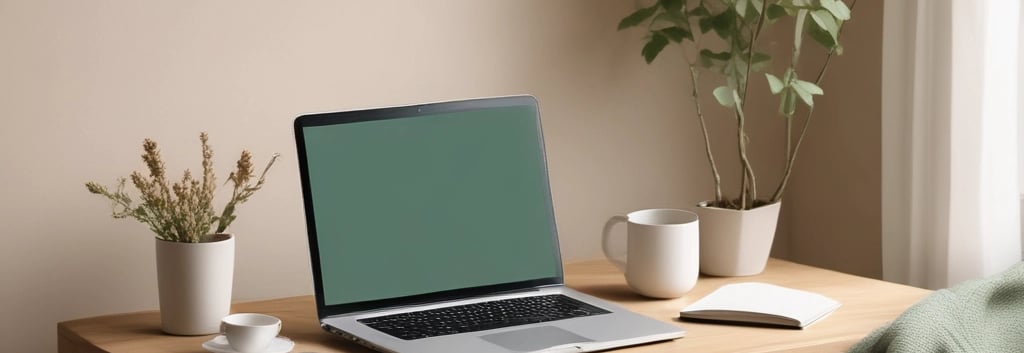 A calm, minimalist workspace with soft beige and blush tones, featuring a laptop and a cup of tea.