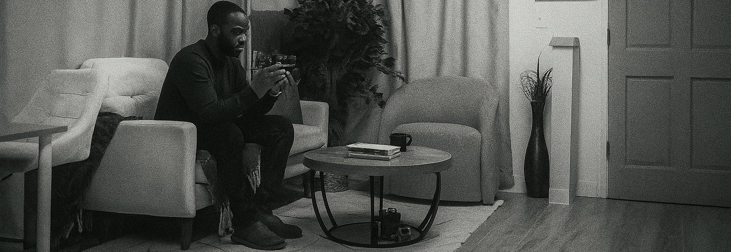 a man sitting on a couch looking at the back of a camera