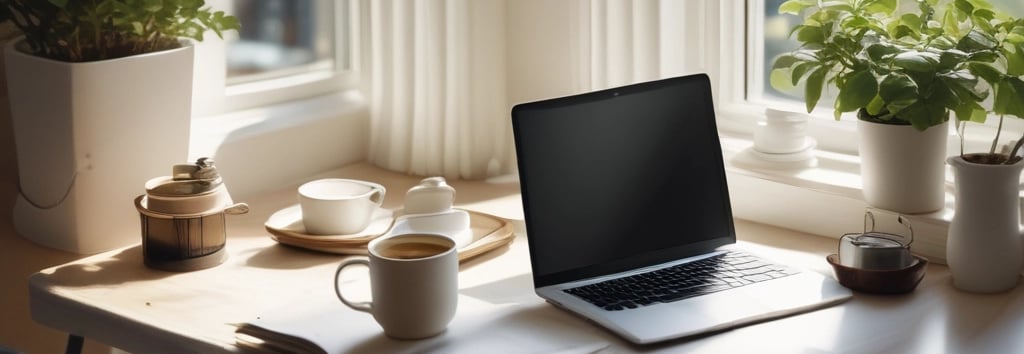 A cozy workspace with a laptop, a cup of coffee, and soft natural light streaming through a window.