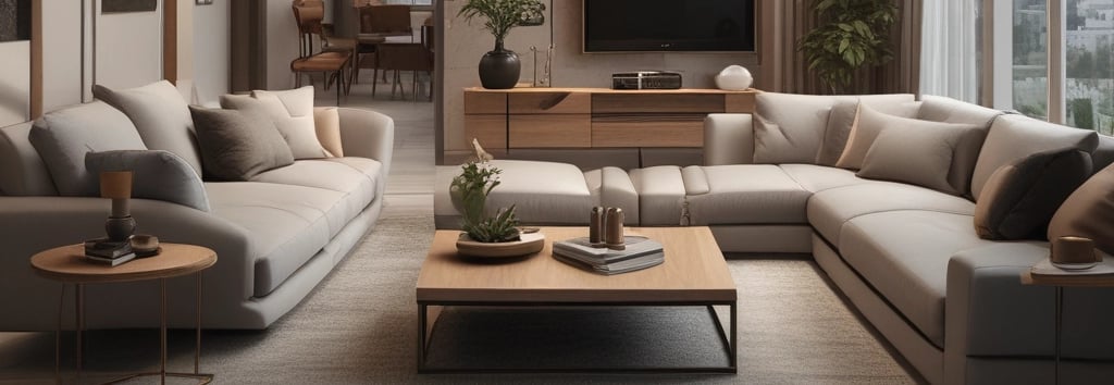 A modern furniture showroom with several sofas and beds displayed. The interior is illuminated with ceiling lights and features white brick columns. A person is seen sitting on a chair in the background.