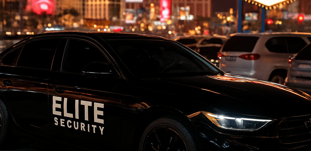 A professional security officer in a sleek black suit standing confidently against a dark cityscape at night.