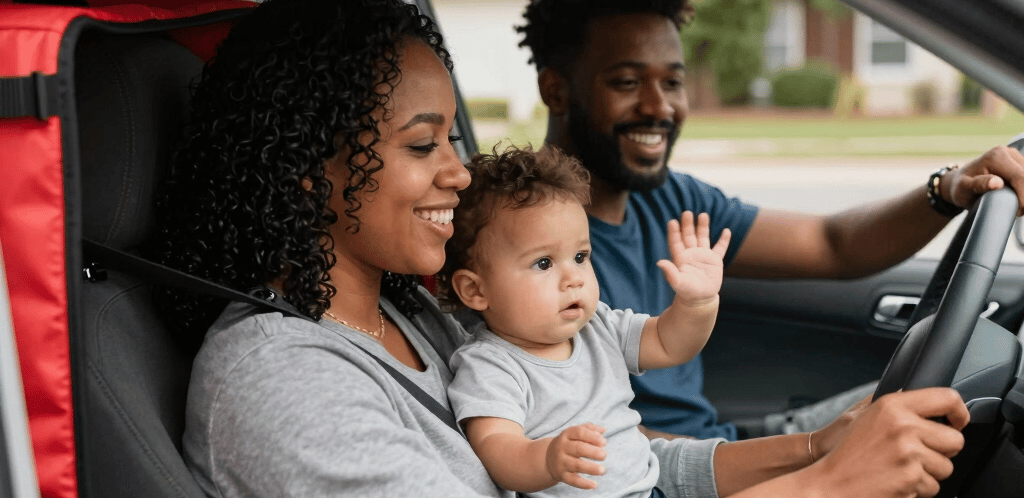 A friendly gig driver waving while delivering food from a FamiliaDrive rental vehicle.