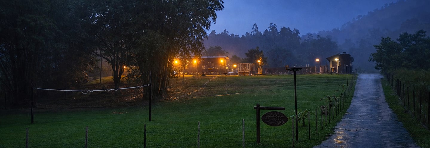 Illuminated eco-resort lodges at twilight with wet pathways and lush tropical forest scenery.