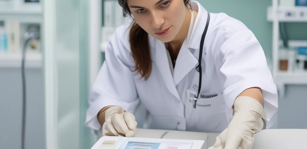 A friendly lab technician assisting a patient at the lab reception desk.
