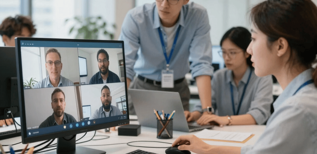 A engineering team in the modern office with remote on-line visual meeting with customer