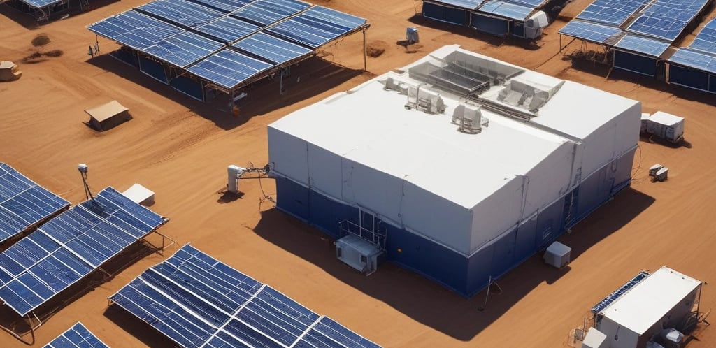 A modern office reception area with Sunvolt Africa branding and solar panels visible through the window.