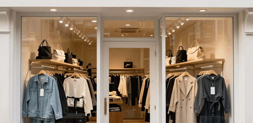 Photo of a minimalist urban street corner at night with neon signs glowing.