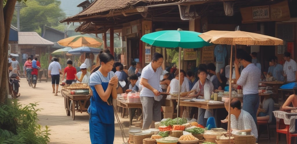 A warm, inviting shot of Saladang Noodles' entrance with golden light glowing against deep purple accents.