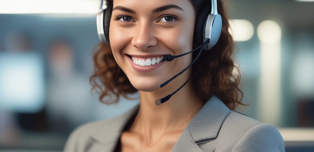 A friendly customer service representative wearing a headset, smiling and ready to assist.