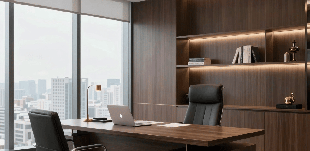 A sleek black and gold themed office reception area with a modern clean design.