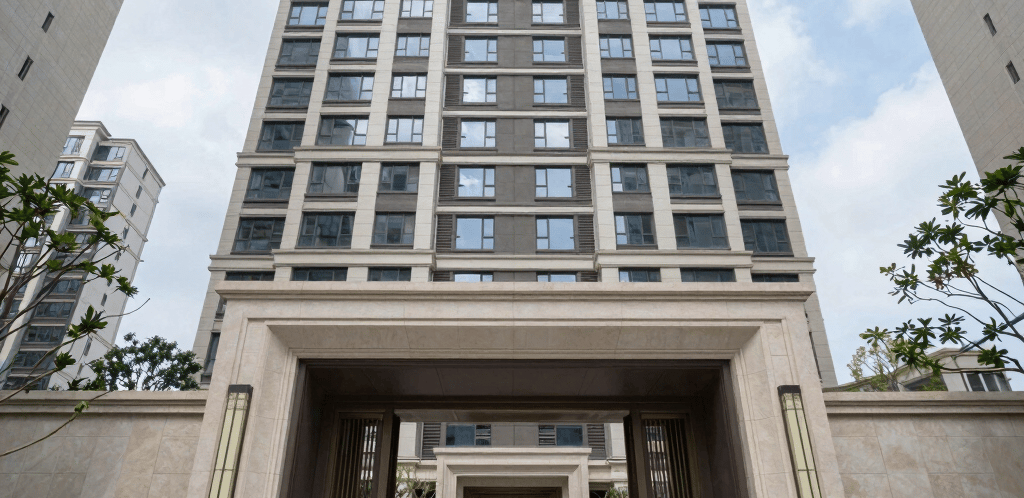 A welcoming office entrance bathed in warm southern orange light with blue accents, reflecting a professional yet friendly construction business.