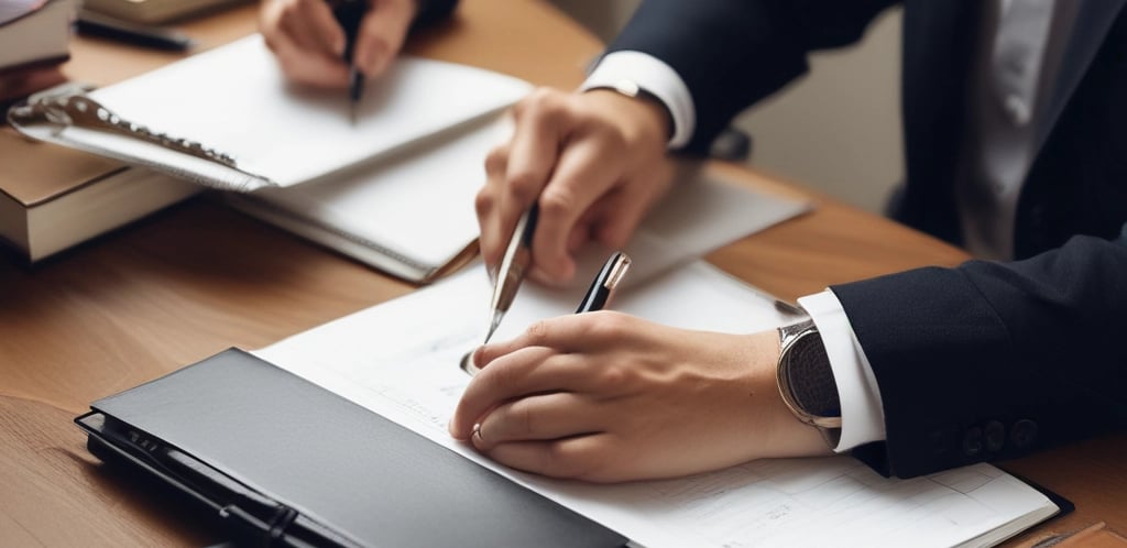 Professional lawyer consulting with client in modern office setting