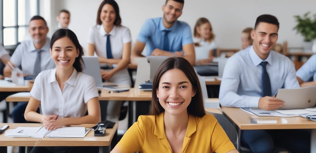 A professional, warm interview setting with happy people engaged in conversation, featuring clean lines and a muted palette of black, white, grey, and sage green accents.