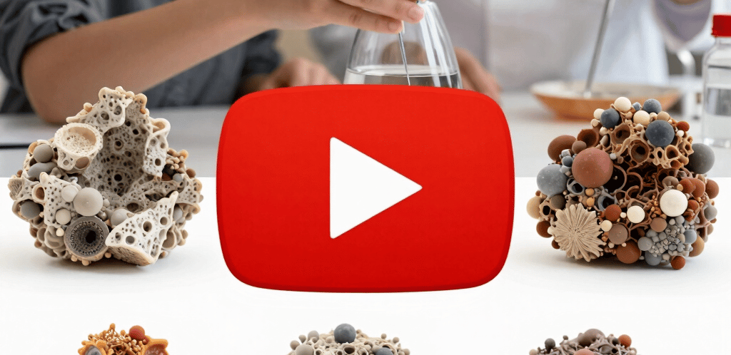 A chemistry student performs a science experiment next to complex 3D molecular structures and a YouTube play button.