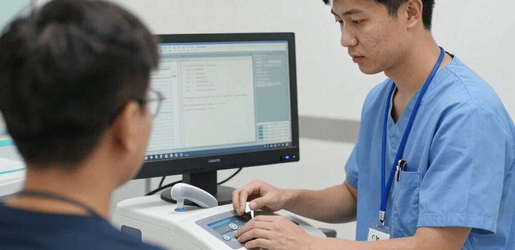 A professional medical equipment technician assisting a hospital staff member with a ventilator setup.