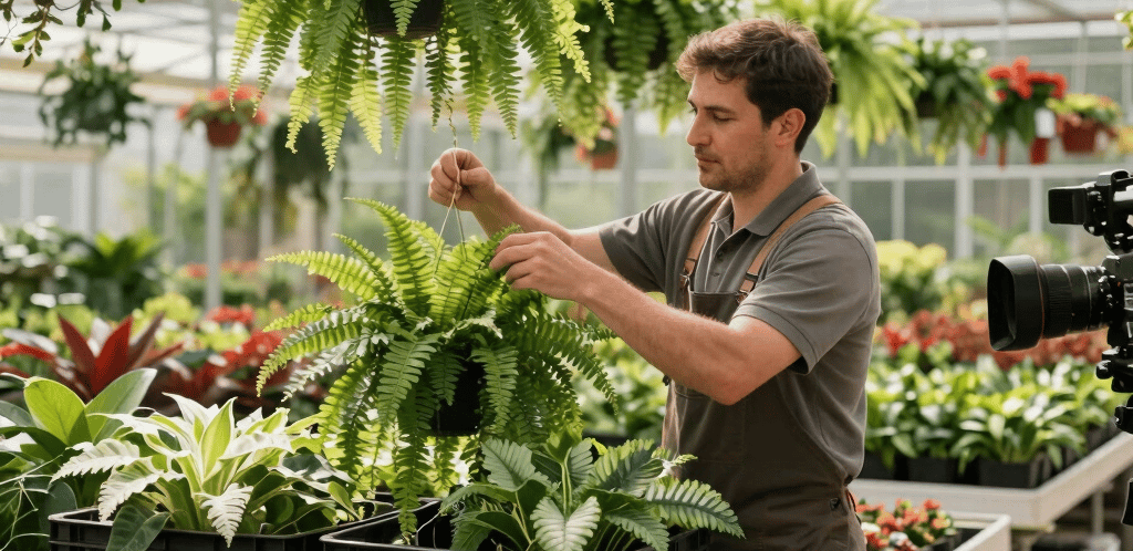 A welcoming customer service desk surrounded by lush indoor plants and natural light.