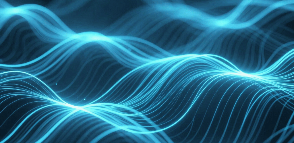 A sleek digital grid pattern glowing softly in blue and black hues, symbolizing connection and technology.