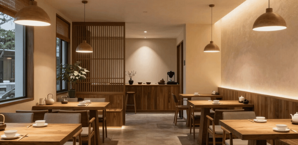 Elegant minimalist office reception area with navy and gold accents reflecting archispirit's refined style.