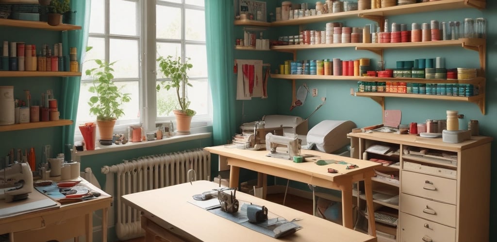 A cozy artisan workshop with handmade French fabric bags and sewing tools.