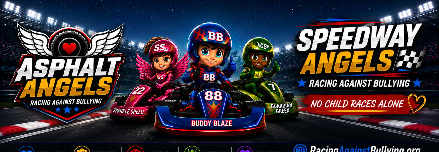 Animated Asphalt Angels go-kart racers Buddy Blaze, Sparkle Speed, and Guardian Green promoting anti-bullying.