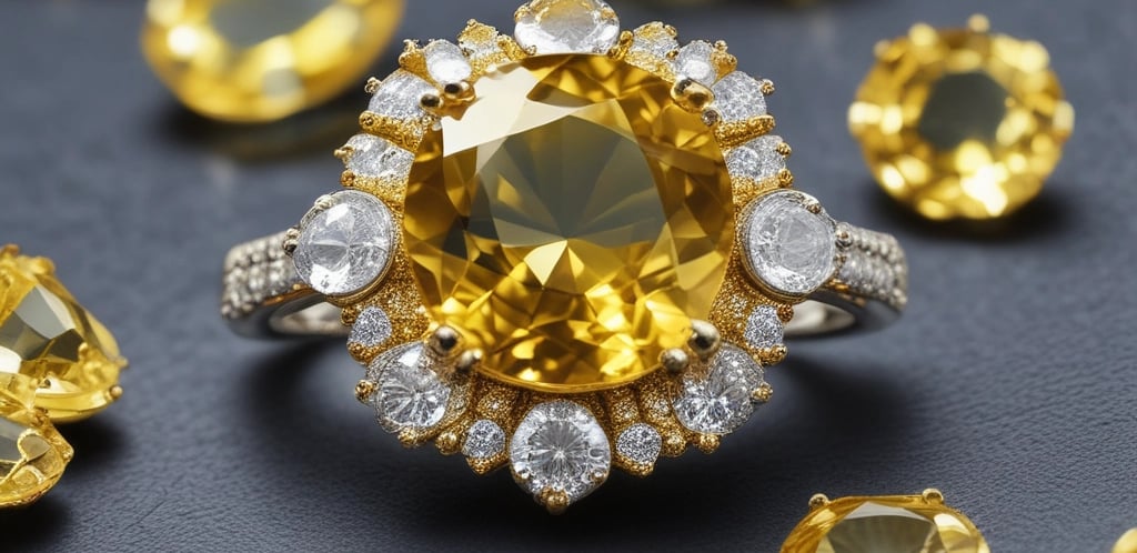 A close-up view of an intricately designed piece of jewelry featuring a large, raw green gemstone. The gemstone is encased in a silver-colored metal setting with swirling patterns and small decorative silver balls.