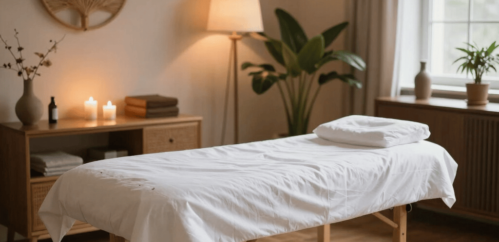 A person sits cross-legged on a chair, with eyes closed, hands raised, and a calm expression in a dimly lit auditorium. The surroundings include a stage, overhead lights, and a grand piano partially visible in the background.