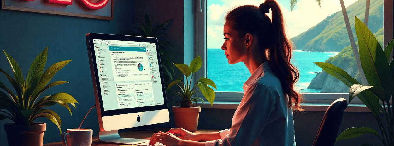 Femme travaillant sur un ordinateur avec une vue sur la mer, illustrant le télétravail et la gestion