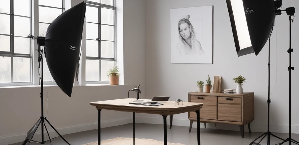 A serene workspace with a camera and photography equipment on a wooden table.