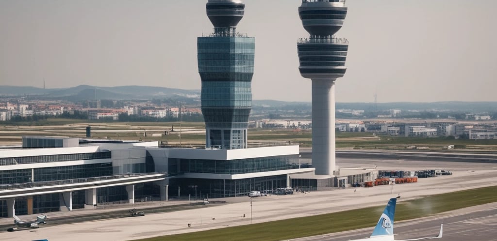 A modern airport exterior showcasing sleek architecture and busy passenger activity.