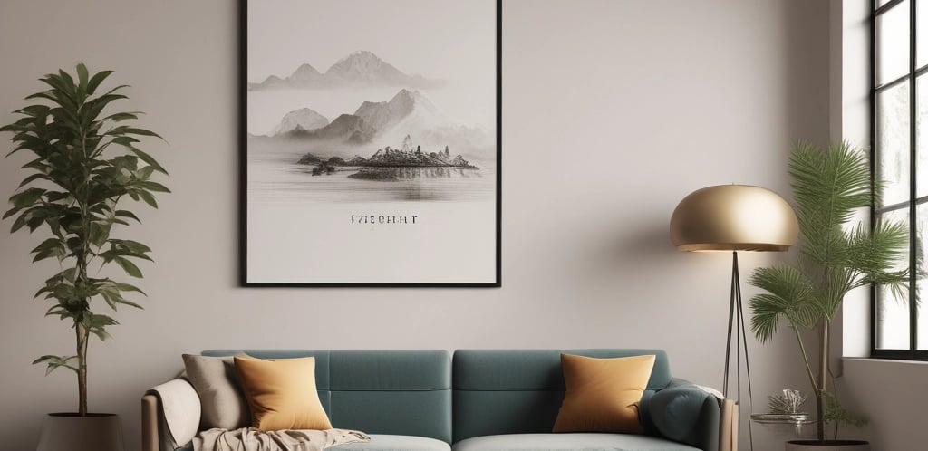 A minimalist and modern interior scene with a wooden table in the foreground. On the table, there are electronic devices, books, and a candle. In the background, framed pictures hang on a white wall, and there is a glimpse of a tidy kitchen with minimalistic design elements.