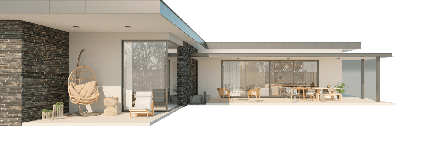 Une maison avec une grande terrasse et un espace patio