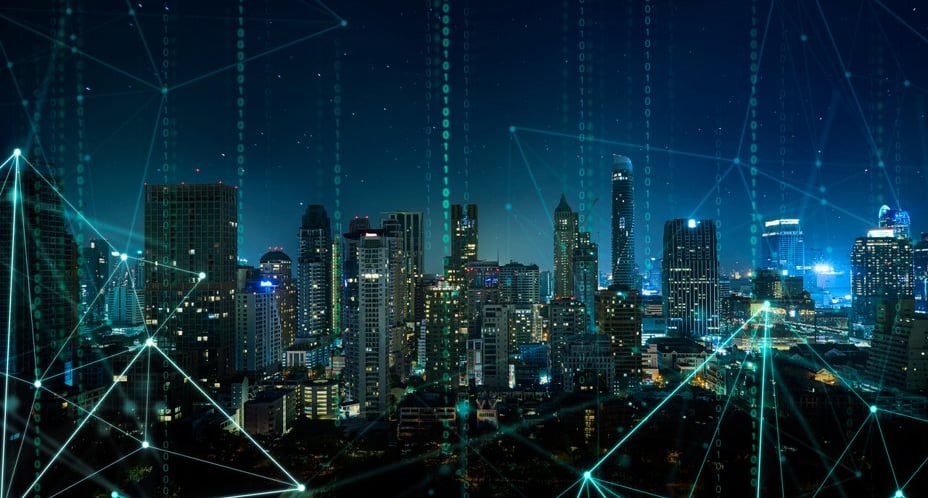 a cityscape with network lines and connections between the city and the city