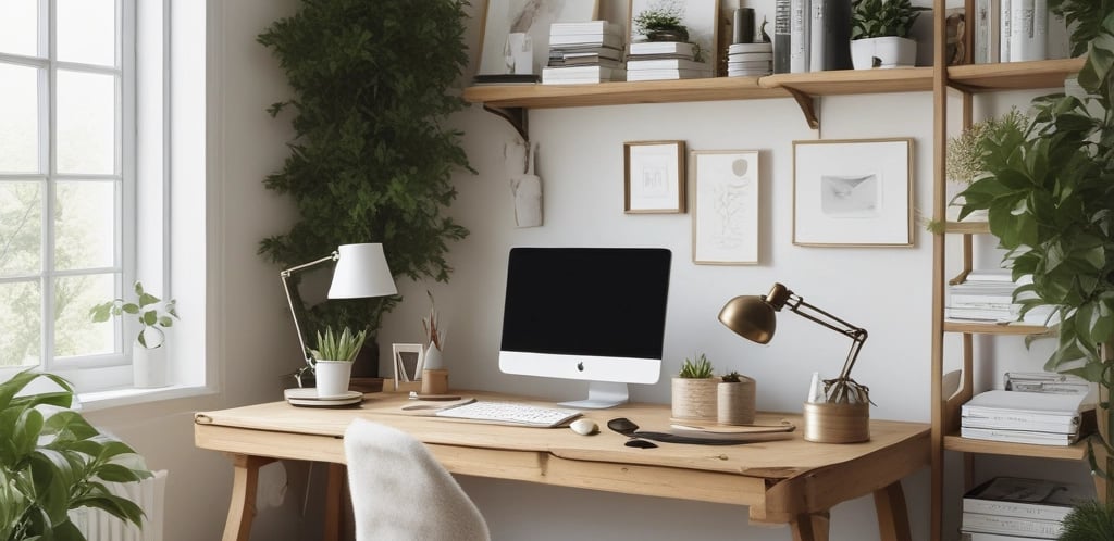 A cozy workspace with a wooden desk featuring engraved gifts and earth tone decor.
