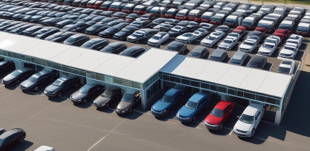 A modern black SUV is parked on a paved area in front of a red advertisement banner. Nearby, there are other cars in white and blue. The setting appears to be an open-air dealership or showroom with a partially visible green canopy in the background.