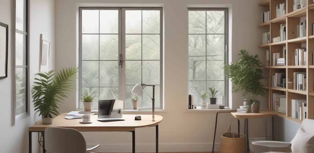 A serene workspace with soft natural light, a laptop, and a calming plant on the desk.