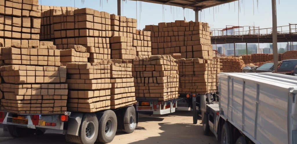 A person stands in an industrial or storage area, surrounded by building materials including wooden pallets, bricks, and a traffic cone. There is a shopping cart nearby and stacks of various construction materials like tiles and sacks are visible in the background.