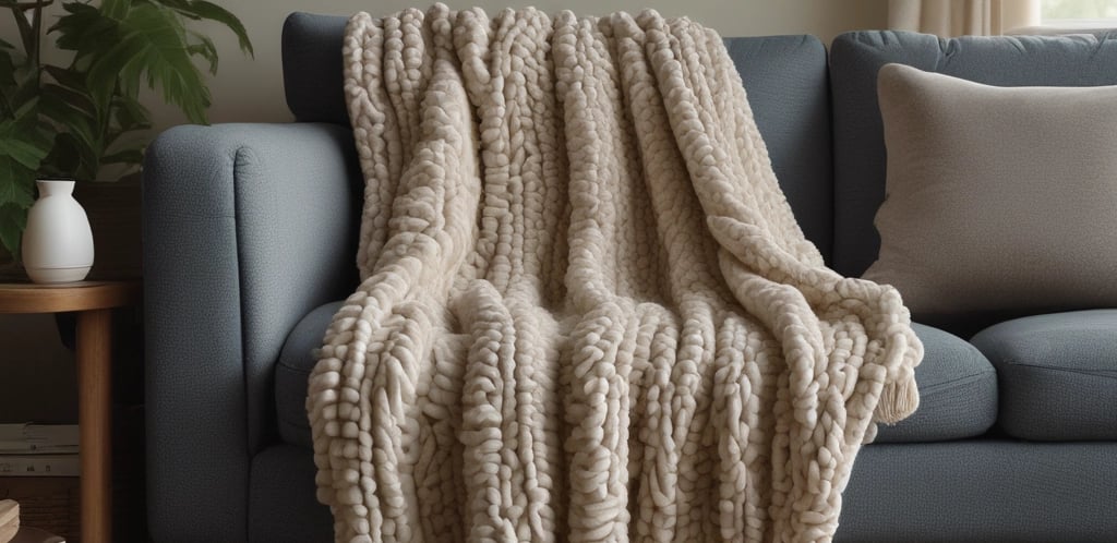 A cozy living room featuring a chunky knit blanket draped over a stylish sofa.